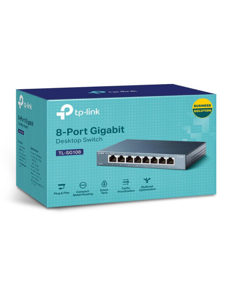 Switch, TP-LINK, TP-Link TL-SG108, Switch type Unmanaged, 8xRJ-45 ports, RJ-45 Ports Type Gigabit Ethernet (10/100/1000), 8xGig