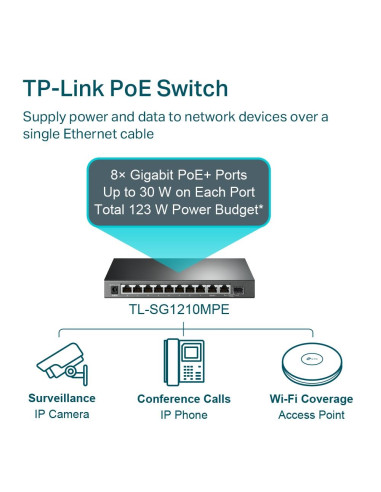 Switch, TP-LINK, Desktop/pedestal, 9x10Base-T / 100Base-TX / 1000Base-T, 1x10/100/1000BASE-T/SFP combo, PoE+ ports 8, 123 Watts
