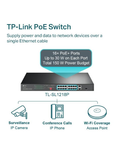Switch, TP-LINK, Desktop/pedestal, 16x10Base-T / 100Base-TX, PoE+ ports 16, TL-SL1218P