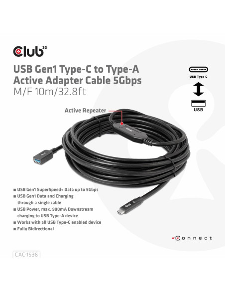 CABLE USB-C TO USB 10M/M/F CAC-1538 CLUB3D