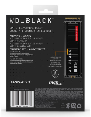 SSD, SANDISK, 2400xTBW rating, NVMe Yes, PCI Express 5.0, M.2, 4000 GB, WDS400T1XHM-00CMT0