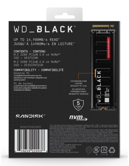 SSD, SANDISK, 2400xTBW rating, NVMe Yes, PCI Express 5.0, M.2, 4000 GB, WDS400T1XHM-00CMT0
