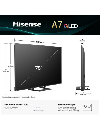 TV Set, HISENSE, 75 ", 4K Ultra HD, 3840 x 2160 pixels, Flat, 16:9, QLED, 75A7Q