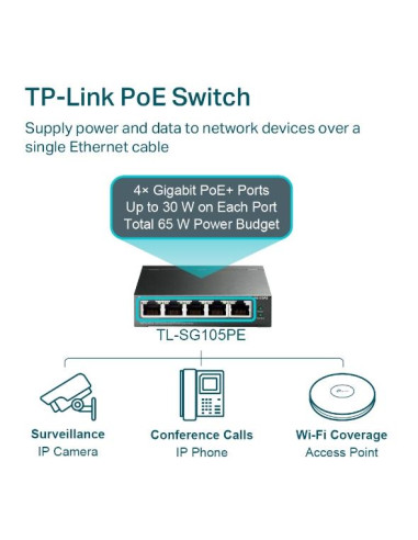Switch, TP-LINK, Desktop/pedestal, 5x10Base-T / 100Base-TX / 1000Base-T, PoE ports 4, TL-SG105PE