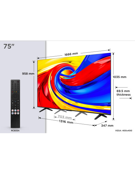 TV Set, TCL, 75 ", 4K Ultra HD, 3840 x 2160 pixels, Flat, 16:9, QLED, 75QLED780L