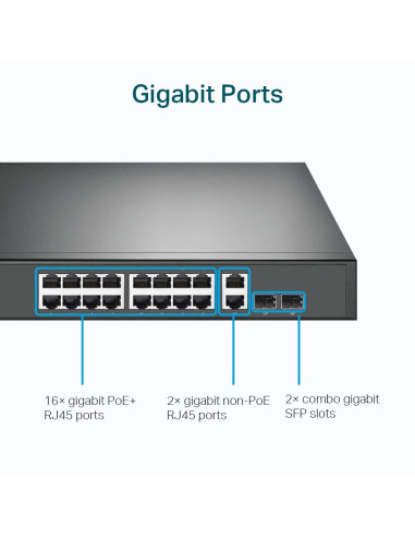 Switch, TP-LINK, TL-SG1218MP, Desktop/pedestal, Rack, 16x10Base-T / 100Base-TX / 1000Base-T, PoE+ ports 16, 250 Watts, TL-SG121