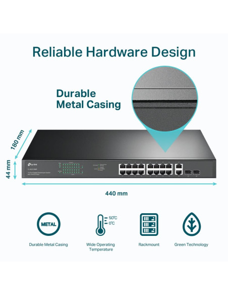 Switch, TP-LINK, TL-SG1218MP, Desktop/pedestal, Rack, 16x10Base-T / 100Base-TX / 1000Base-T, PoE+ ports 16, 250 Watts, TL-SG121