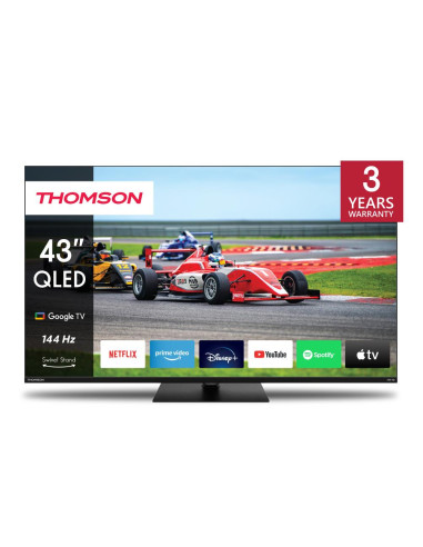 TV Set, THOMSON, 43", 4K/Smart, QLED, 3840x2160, Wireless LAN, Bluetooth, Google TV, Black, 43QG7C14