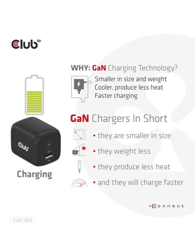 MOBILE CHARGER WALL 3PORT/GAN 65W CAC-1913EU CLUB3D